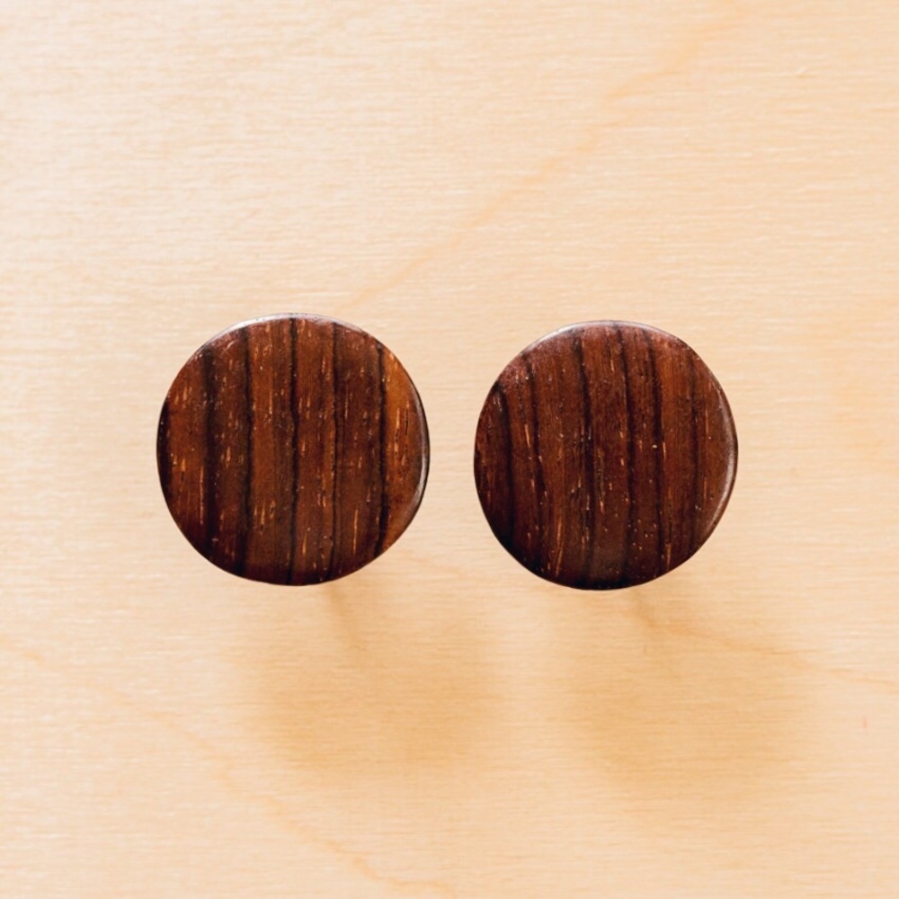 Vintage Dark Wood Circle Clip-On Earrings